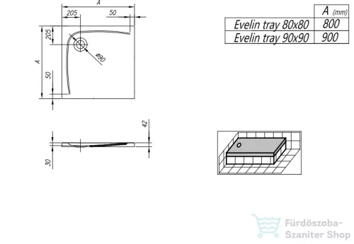 Kolpa San EVELIN TRAY Q 90x90 cm-es, padlóra helyezhető, vagy beépíthető zuhanytálca, szifon nélkül, fehér 593030