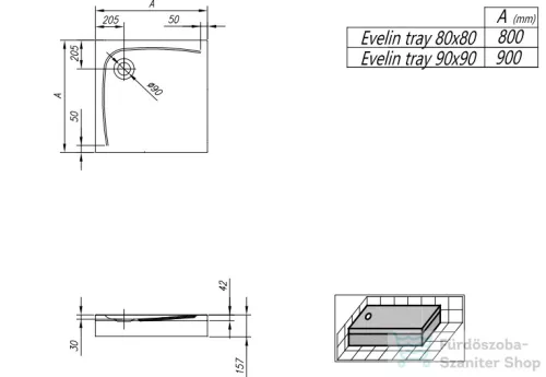 Kolpa San EVELIN TRAY Q 90x90 cm-es, előlapos zuhanytálca, szifon nélkül, fehér 593040