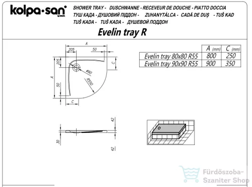 Kolpa San Evein Tray R 90x90 cm-es negyedköríves, alacsony akril zuhanytálca, szifon nélkül, fehér 593050