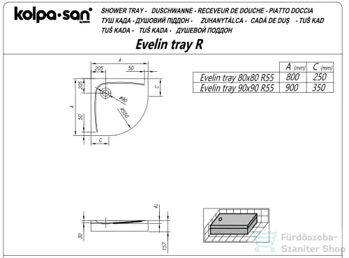 Kolpa San Evein Tray R 90x90 cm-es negyedköríves, előlapos akril zuhanytálca, szifon nélkül, fehér 593060