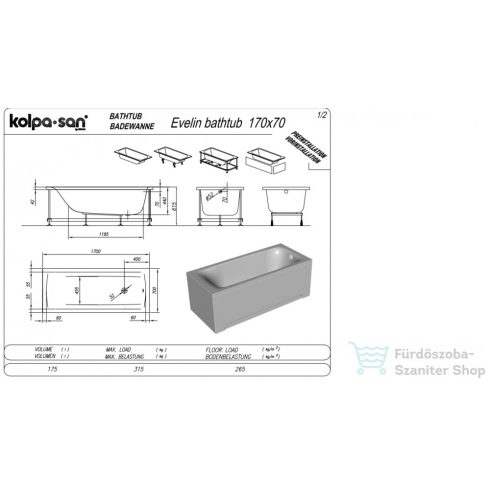 Kolpa San Evelin 170x70 beépíthető fürdőkád  593340