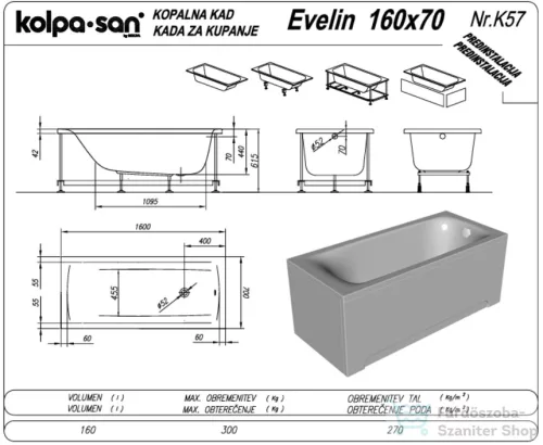 Kolpa san EVELIN 160x70 cm-es beépíthető akril kád, fehér 593350