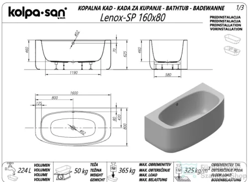 Kolpa San LENOX SP 160x80 cm-es falhoz tolható térkád fehér leeresztővel, fényes fehér 595180