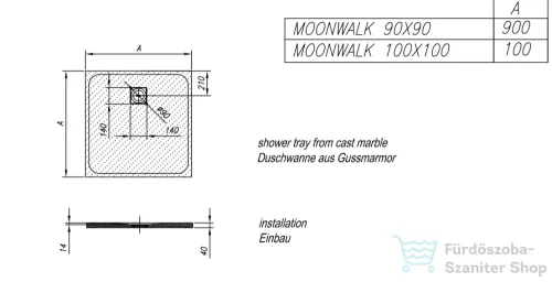Kolpa San Moonwalk 100x100 öntöttmárvány zuhanytálca fehér színben