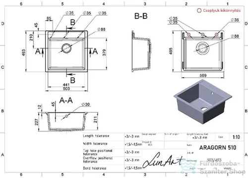 Lunart Aragorn 510 50,9x49,5 cm-es öntött gránit mosogató medence szifon nélkül,Sand 5999123000040