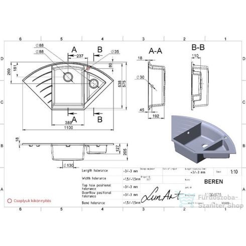 Lunart Beren 110x57,5  cm-es öntött gránit mosogató medence gyümölcsmosóval,szifon nélkül,fekete 5999123000095