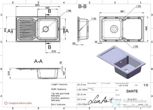 Lunart Dante 86,1x49x,6 cm-es öntött gránit mosogató medence szifon nélkül,Pearl white 5999123000293