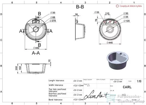 Lunart Carl 44,6 cm-es öntött gránit mosogató medence szifon nélkül,Pearl white 5999123000330