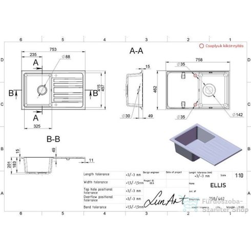 Lunart Ellis 75,8x46,2 cm-es öntött gránit mosogató medence szifon nélkül,Pearl white 5999123000378