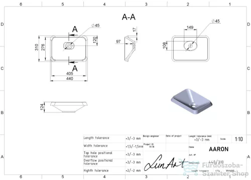 Lunart Aaron 44x31 cm-es beépíthető öntöttmárvány mosdó csaplyuk és túlfolyó nélkül,fehér 5999123000477