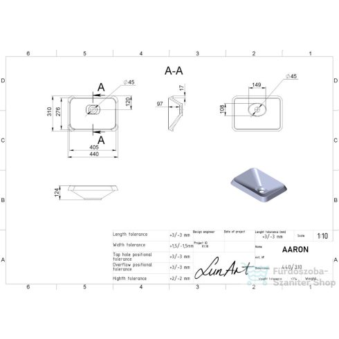 Lunart Aaron 44x31 cm-es beépíthető öntöttmárvány mosdó csaplyuk és túlfolyó nélkül,matt fehér 5999123000484