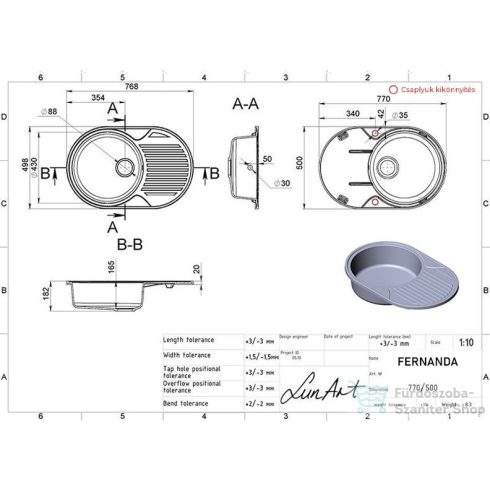 Lunart Fernanda 77x50 cm-es öntött gránit mosogató medence szifon nélkül,Pearl white 5999123000545
