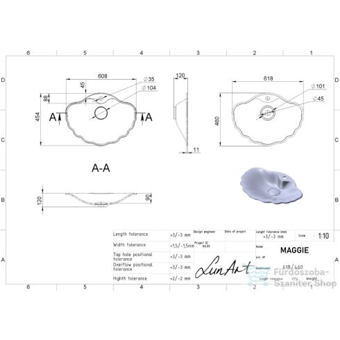 Lunart Maggie 61,8x46 cm-es beépíthető öntöttmárvány mosdó túlfolyó nélkül,fényes fehér 5999123000927