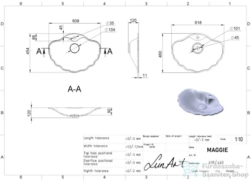 Lunart Maggie 61,8x46 cm-es beépíthető öntöttmárvány mosdó túlfolyó nélkül,fényes fehér 5999123000927