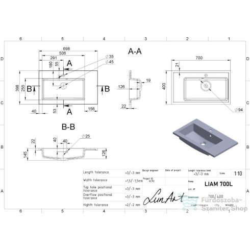 Lunart Liam 700 L 70x40 cm-es beépíthető öntöttmárvány mosdó,szürke kvarc 5999123001115