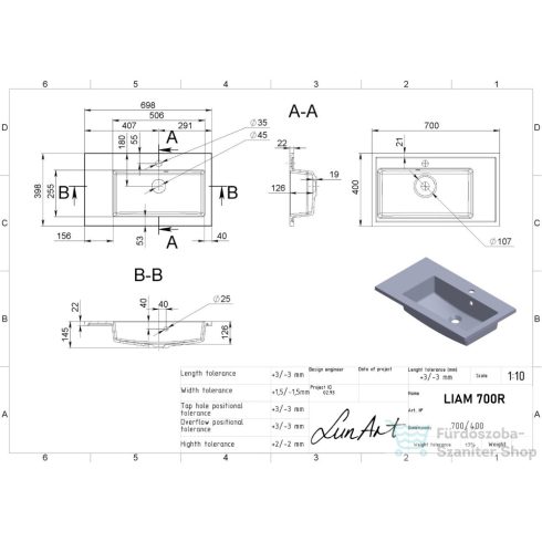 Lunart Liam 700 R 70x40 cm-es beépíthető öntöttmárvány mosdó,matt fehér 5999123001139