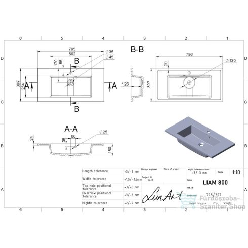 Lunart Liam 800 79,6x39,7 cm-es beépíthető öntöttmárvány mosdó,fényes fehér 5999123001160