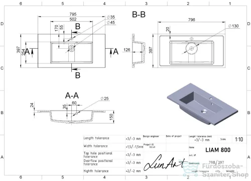 Lunart Liam 800 79,6x39,7 cm-es beépíthető öntöttmárvány mosdó,fényes fehér 5999123001160