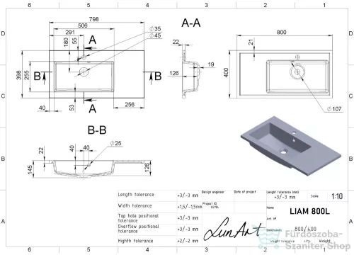 Lunart Liam 800 L 80x40 cm-es beépíthető öntöttmárvány mosdó,matt fehér 5999123001214