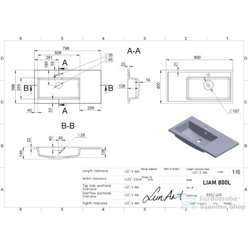 Lunart Liam 800 L 80x40 cm-es beépíthető öntöttmárvány mosdó,fekete kvarc 5999123001221