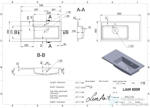 Lunart Liam 800 R 80x40 cm-es beépíthető öntöttmárvány mosdó,fekete kvarc 5999123001269