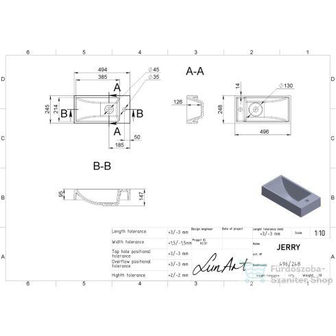 Lunart Jerry 49,6x24,8 cm-es beépíthető öntöttmárvány mosdó túlfolyó nélkül,fényes fehér 5999123001764