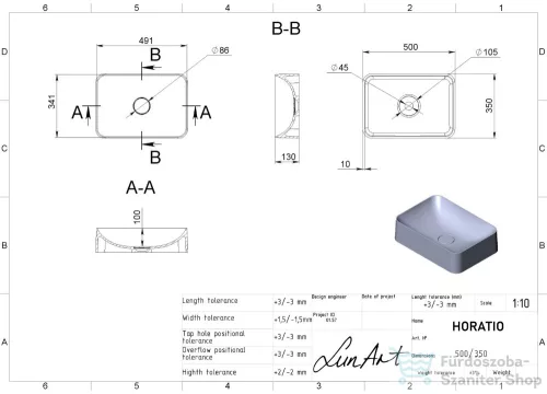 Lunart Horatio 50x35 cm-es pultra ültethető öntöttmárvány mosdó csaplyuk és túlfolyó nélkül,matt fehér 5999123001986
