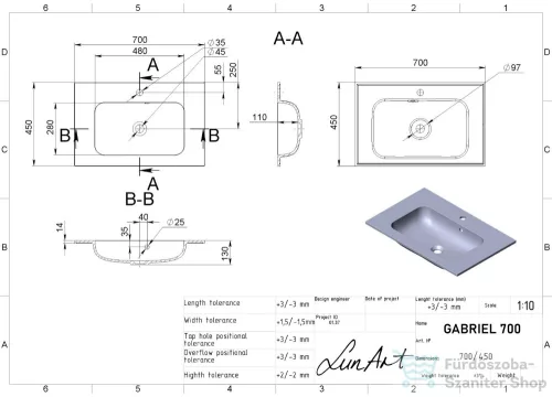 Lunart Gabriel 700 70x45 cm-es beépíthető öntöttmárvány mosdó,fényes fehér 5999123002037