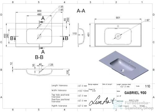 Lunart Gabriel 900 90,1x45,1 cm-es beépíthető öntöttmárvány mosdó,matt fehér 5999123002082