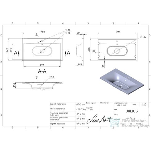 Lunart Julius 79,4x44,6 cm-es beépíthető öntöttmárvány mosdó,fekete kvarc 5999123002136