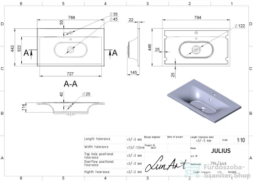 Lunart Julius 79,4x44,6 cm-es beépíthető öntöttmárvány mosdó,szürke kvarc 5999123002143