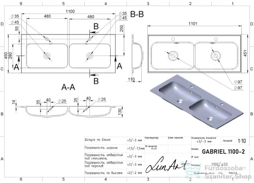 Lunart Gabriel 1100-2 110,1x45,1 cm-es 2 medencés beépíthető öntöttmárvány mosdó,matt fehér 5999123002167