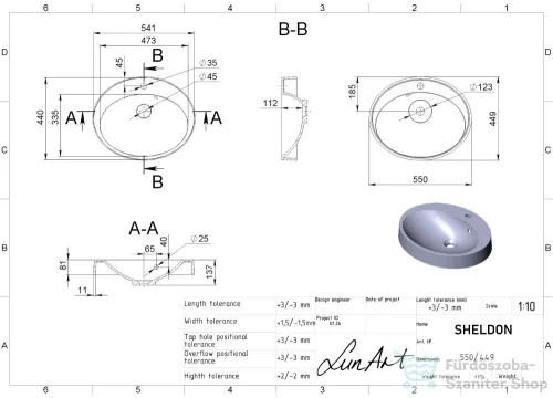 Lunart Sheldon 55x44 cm-es pultra ültethető öntöttmárvány mosdó,fényes fehér 5999123002297