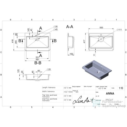 Lunart Anna 59,3x41,7 cm-es beépíthető öntöttmárvány mosdó,matt fehér 5999123002464