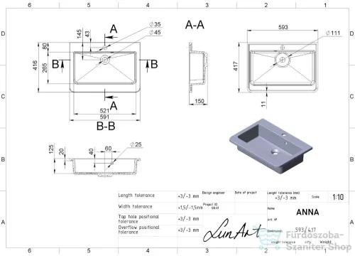 Lunart Anna 59,3x41,7 cm-es beépíthető öntöttmárvány mosdó,matt fehér 5999123002464