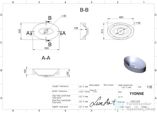 Lunart Yvonne 50x32 cm-es pultra ültethető öntöttmárvány mosdó csaplyuk és túlfolyó nélkül,fényes fehér 5999123002556
