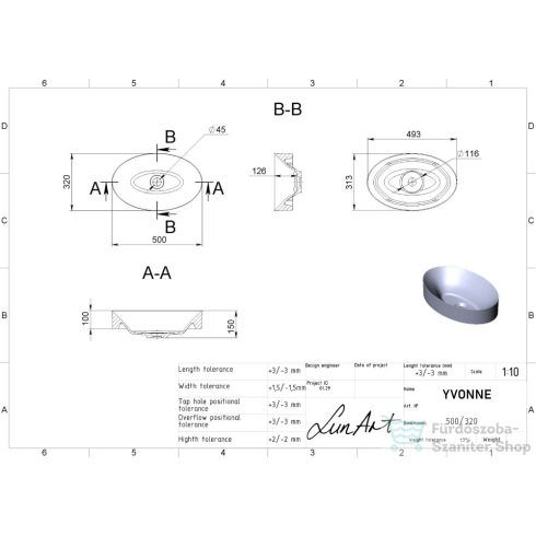 Lunart Yvonne 50x32 cm-es pultra ültethető öntöttmárvány mosdó csaplyuk és túlfolyó nélkül,matt fehér 5999123002563