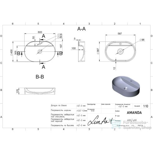 Lunart Amanda 60x40 cm-es pultra ültethető öntöttmárvány mosdó túlfolyó nélkül,matt fehér 5999123002983
