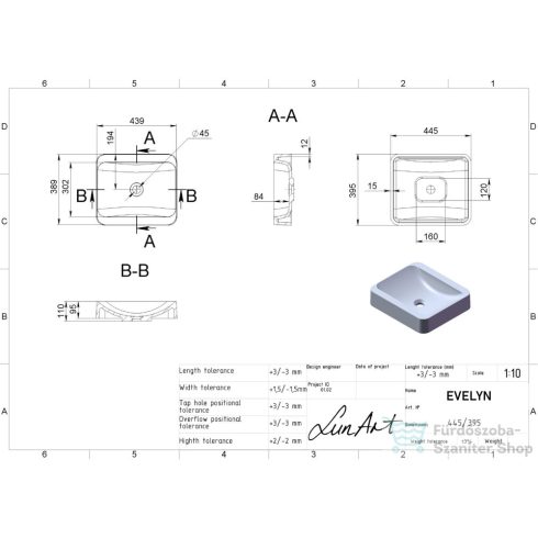 Lunart Evelyn 44,5x39,5 cm-es pultra ültethető öntöttmárvány mosdó csaplyuk és túlfolyó nélkül,fényes fehér 5999123003218