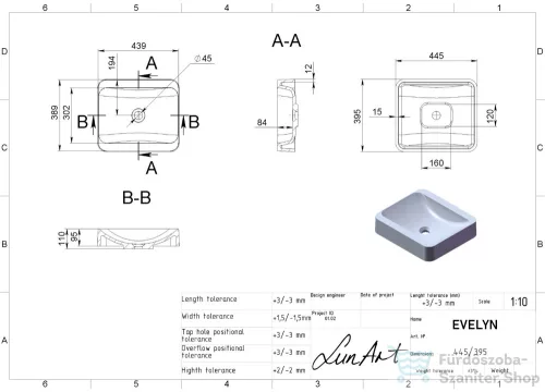 Lunart Evelyn 44,5x39,5 cm-es pultra ültethető öntöttmárvány mosdó csaplyuk és túlfolyó nélkül,matt fehér 5999123003225