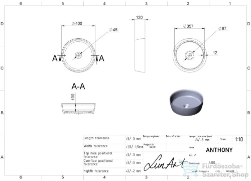 Lunart Anthony 40 cm-es pultra ültethető öntöttmárvány mosdó csaplyuk és túlfolyó nélkül,fényes fehér 5999123003522