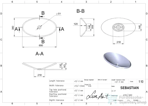 Lunart Sebastian 69x38cm-es pultra ültethető öntöttmárvány mosdó csaplyuk és túlfolyó nélkül,fényes fehér 5999123003782