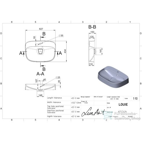 Lunart Louie 62,7x43,4 cm-es pultra ültethető öntöttmárvány mosdó,fényes fehér 5999123003829