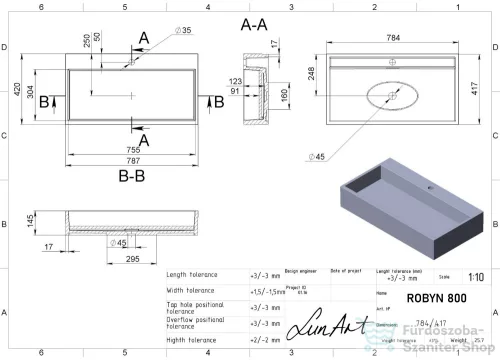 Lunart Robyn 800 78,7x42 cm-es pultra ültethető öntöttmárvány mosdó túlfolyó nélkül,fényes fehér 5999123004109