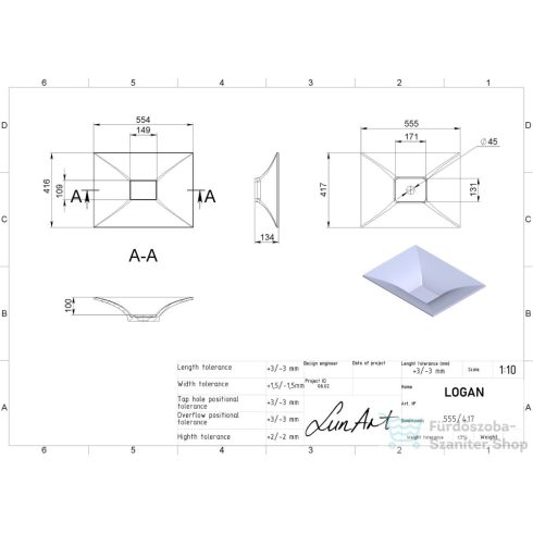 Lunart Logan 55,5x41,7 cm-es pultra ültethető öntöttmárvány mosdó csaplyuk és túlfolyó nélkül,matt fehér 5999123004130