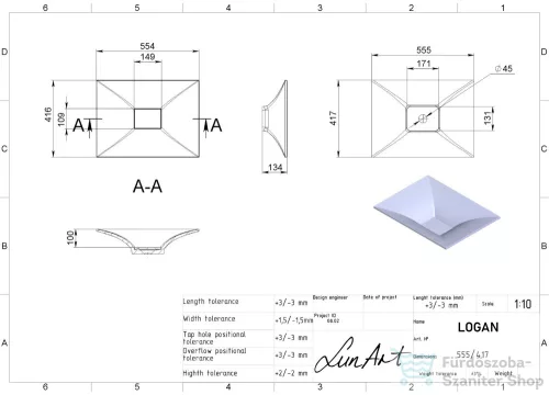 Lunart Logan 55,5x41,7 cm-es pultra ültethető öntöttmárvány mosdó csaplyuk és túlfolyó nélkül,matt fehér 5999123004130