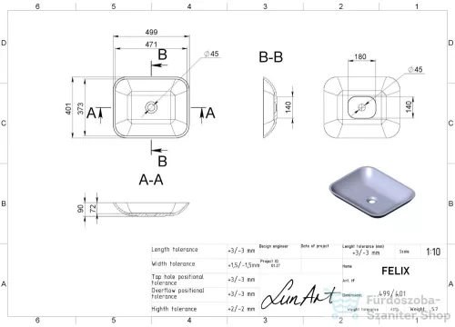 Lunart Felix 49,9x40,1 cm-es pultra ültethető öntöttmárvány mosdó csaplyuk és túlfolyó nélkül,fényes fehér 5999123004147