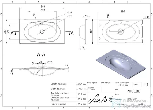 Lunart Phoebe 89,6x48,7 cm-es beépíthető öntöttmárvány mosdó,matt fehér 5999123004291