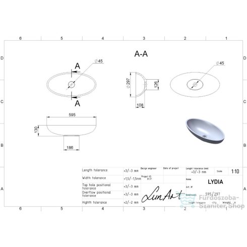 Lunart Lydia 59,5x29,7 cm-es pultra ültethető öntöttmárvány mosdó csaplyuk és túlfolyó nélkül,fényes fehér 5999123004345