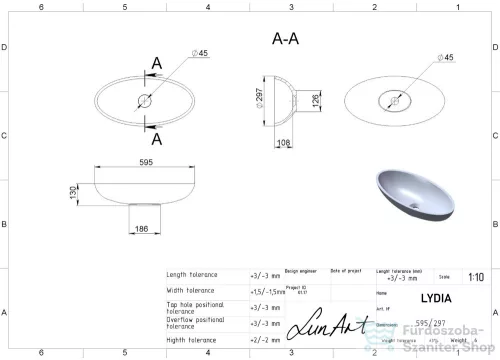 Lunart Lydia 59,5x29,7 cm-es pultra ültethető öntöttmárvány mosdó csaplyuk és túlfolyó nélkül,fényes fehér 5999123004345